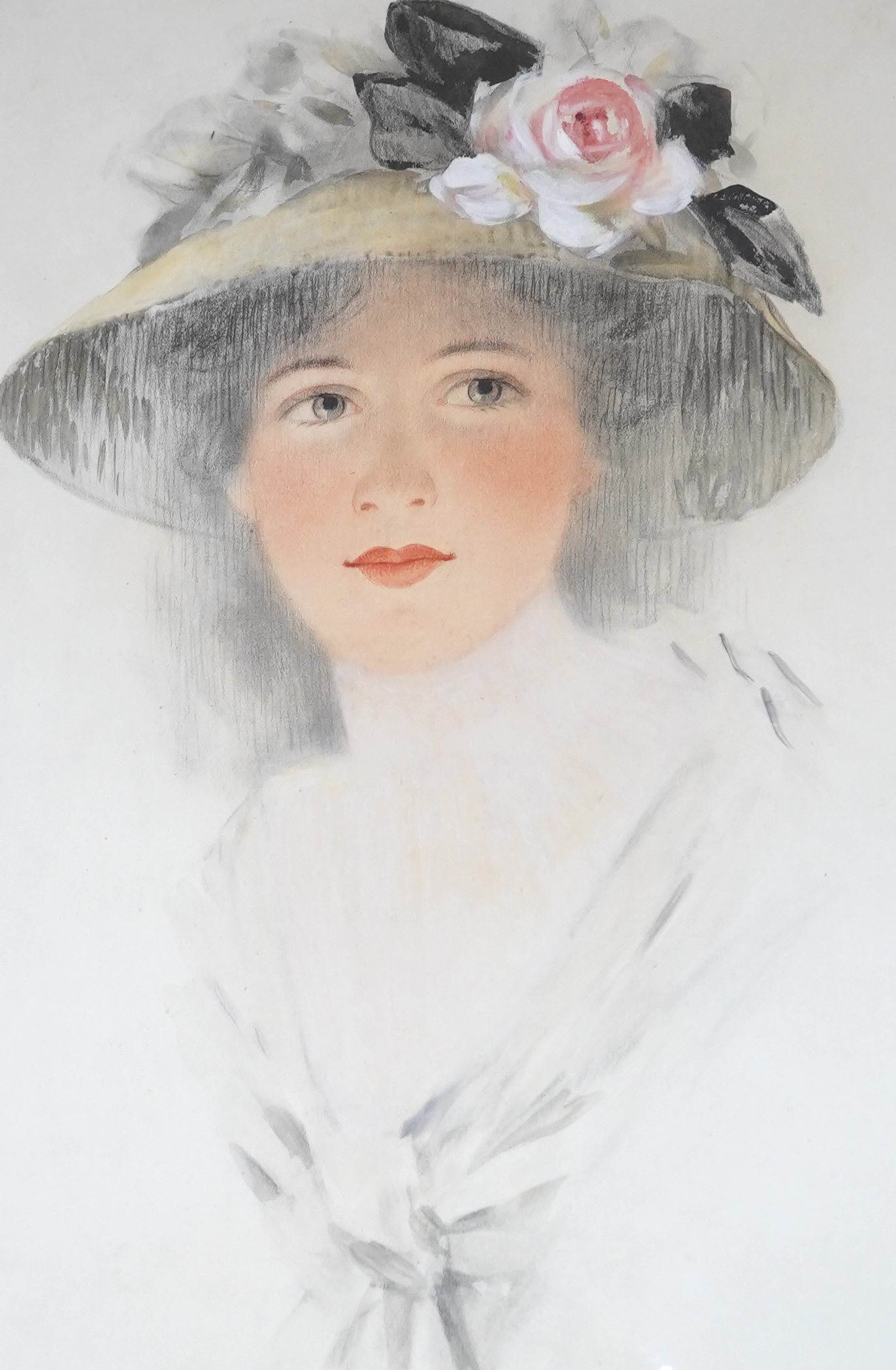 20th century School, pencil and watercolour, Portrait of a woman wearing a bonnet, 43 x 27cm. Condition - good